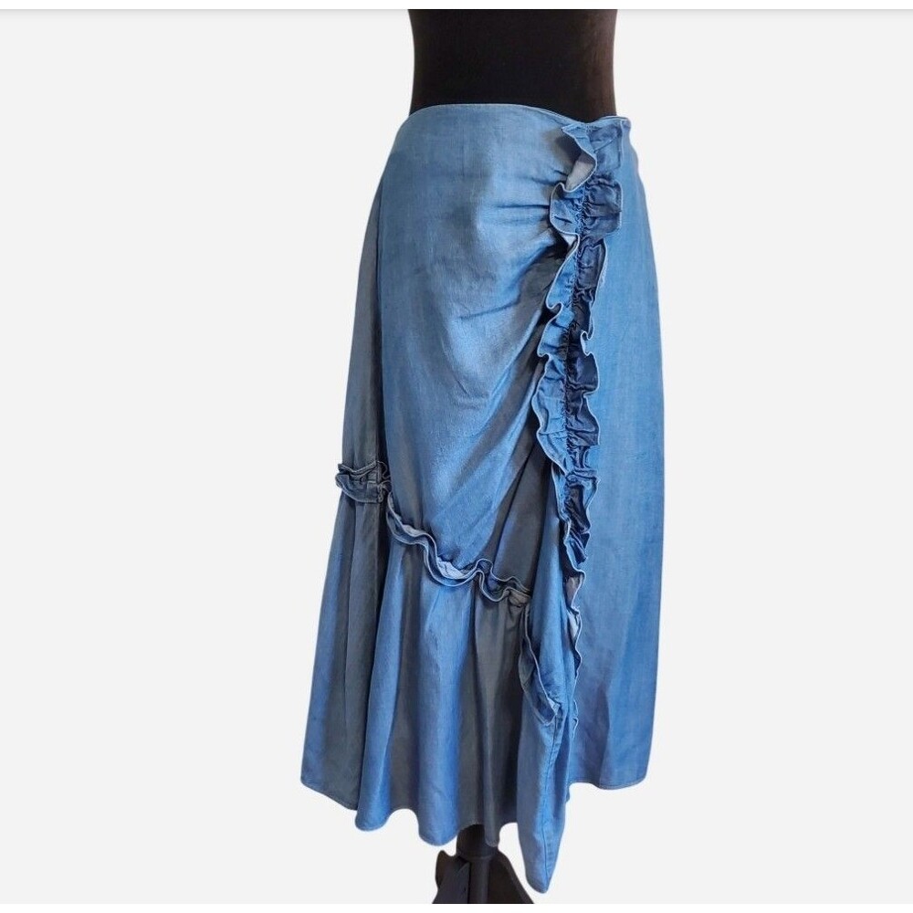 Chelsea28 Ruffle Gathered Midi Skirt Chambray Size S Boho Country Cottage Fairy - Picture 1 of 9